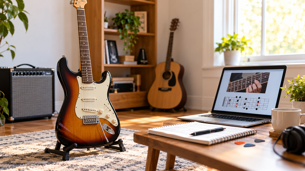 Learn guitar at home with online lessons, an electric guitar, and fretboard practice.